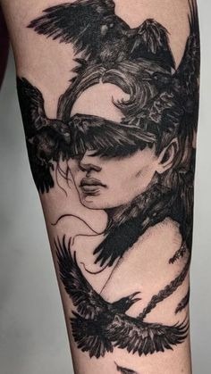 Woman Surrounded by Ravens Tattoo Tattoo Design