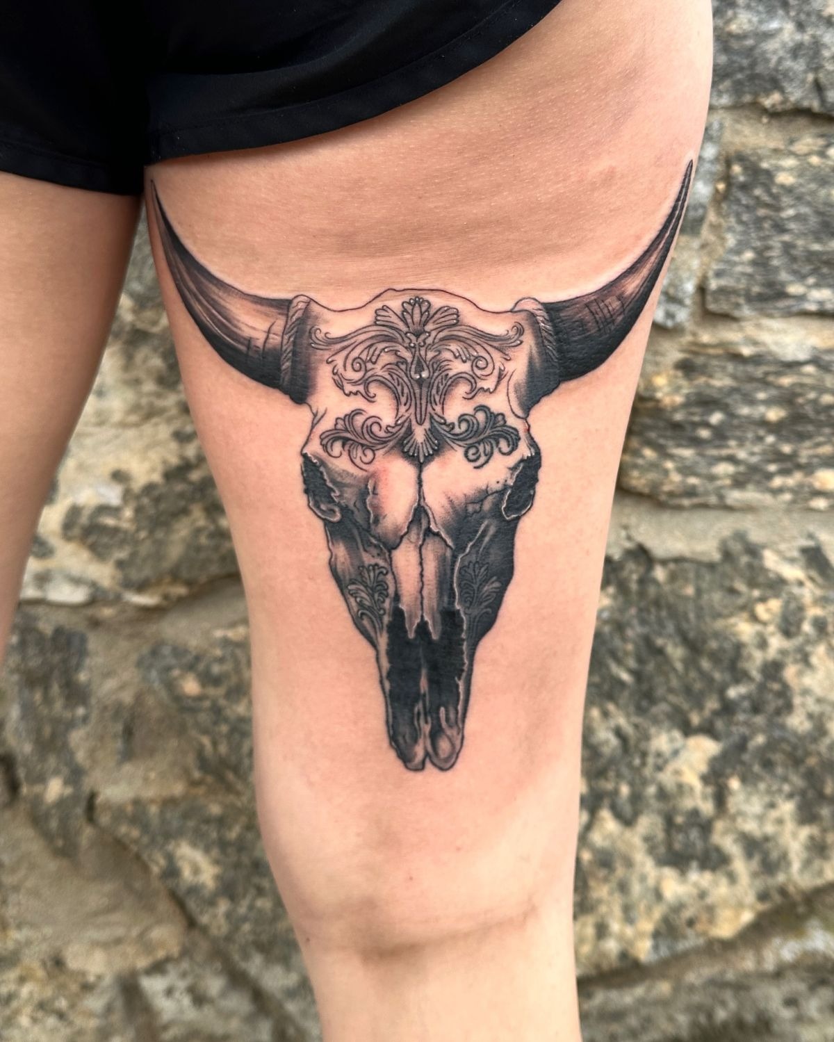 Geometric Bull with Florals Tattoo Design