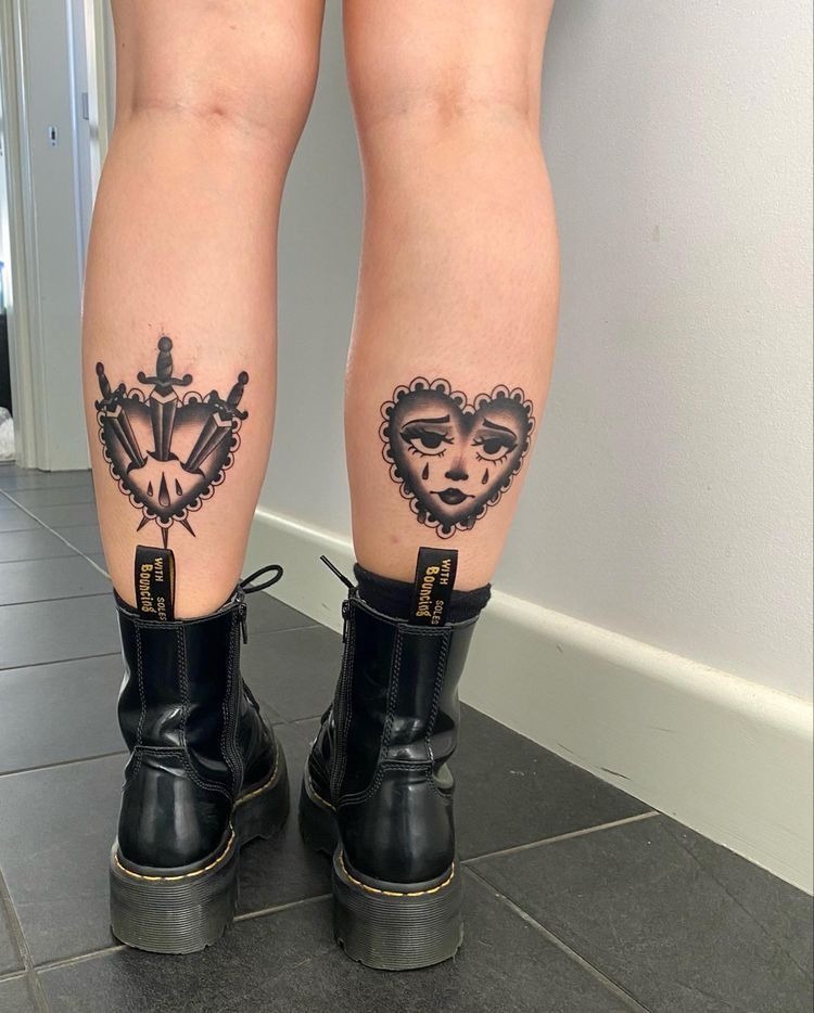 American traditional Heart Calf Pair Tattoo Design
