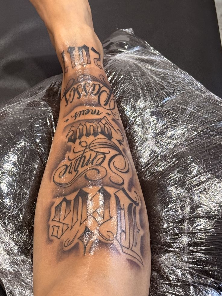 Bold Script Men's Ideas Design Calf Lettering Tattoo Design