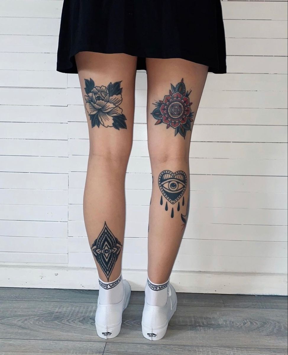 Curated Patchwork Calf and Thigh Mix Tattoo Design