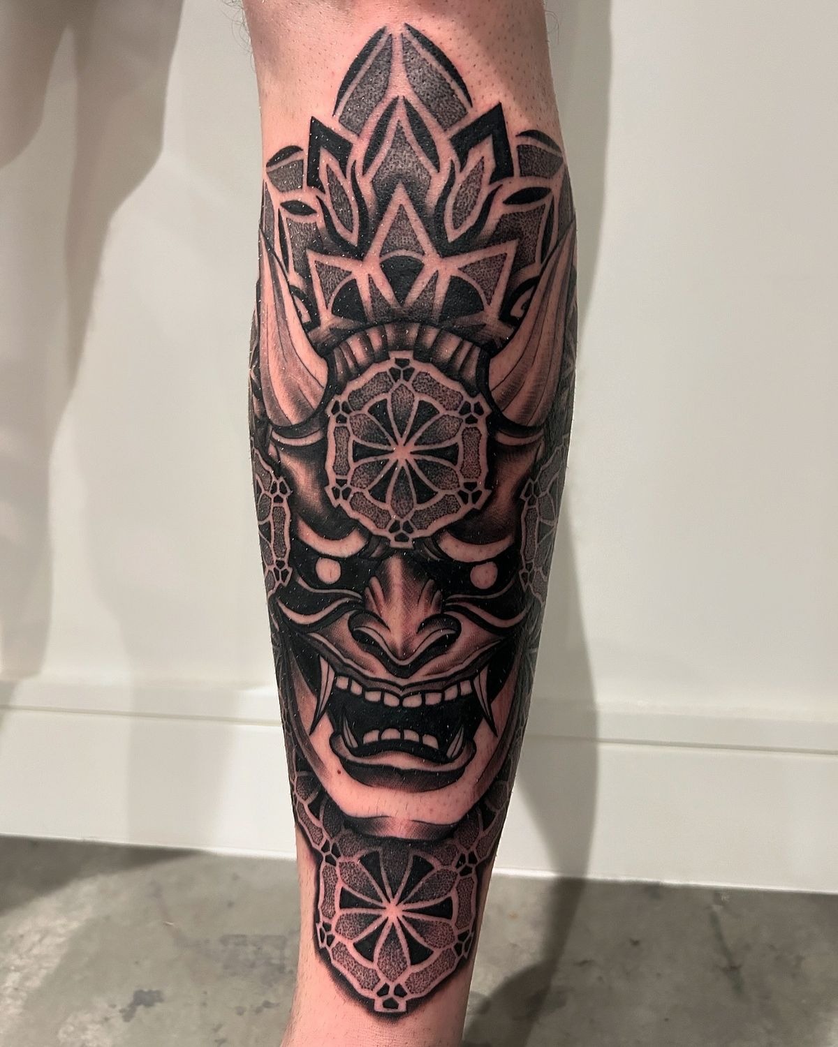 Japanese Oni Mask with Mandala Geometry Tattoo Design