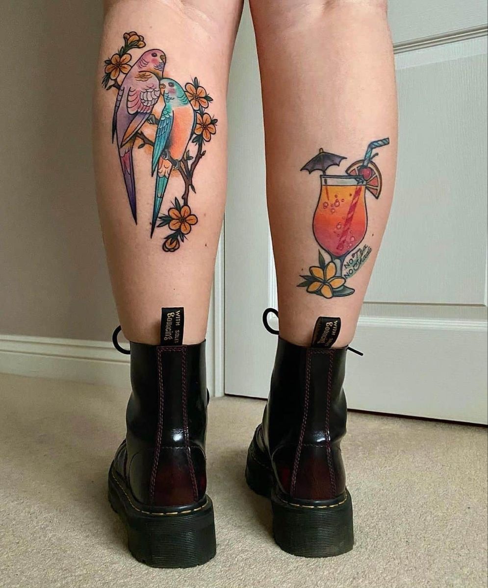 Matching Color Pop Calves with Birds and Cocktail Charm Tattoo Design