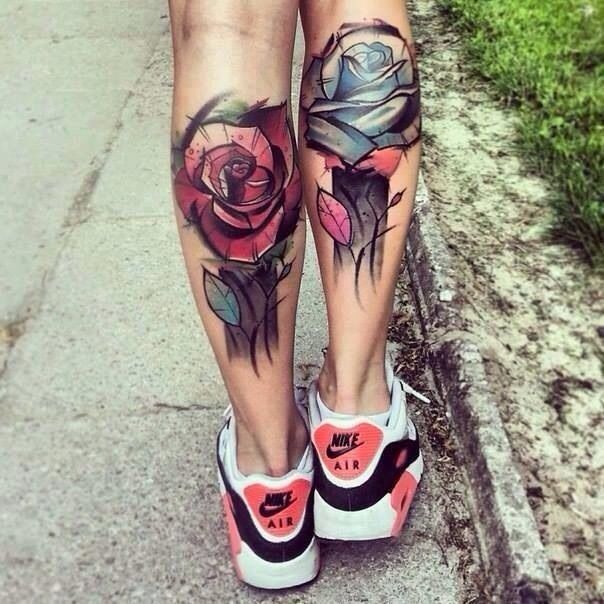 Matching Watercolor Rose Calves Tattoo Design