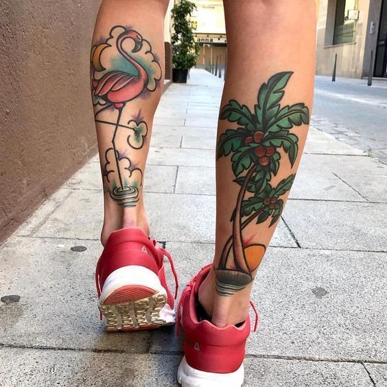 Playful Traditional Flamingo and Palm Calf Pair Tattoo Design