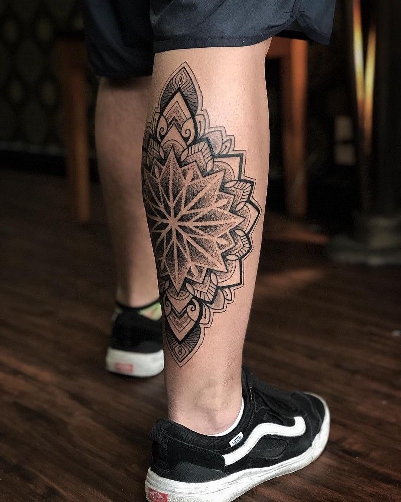 Side of the Calf Mandala Starburst Tattoo Design