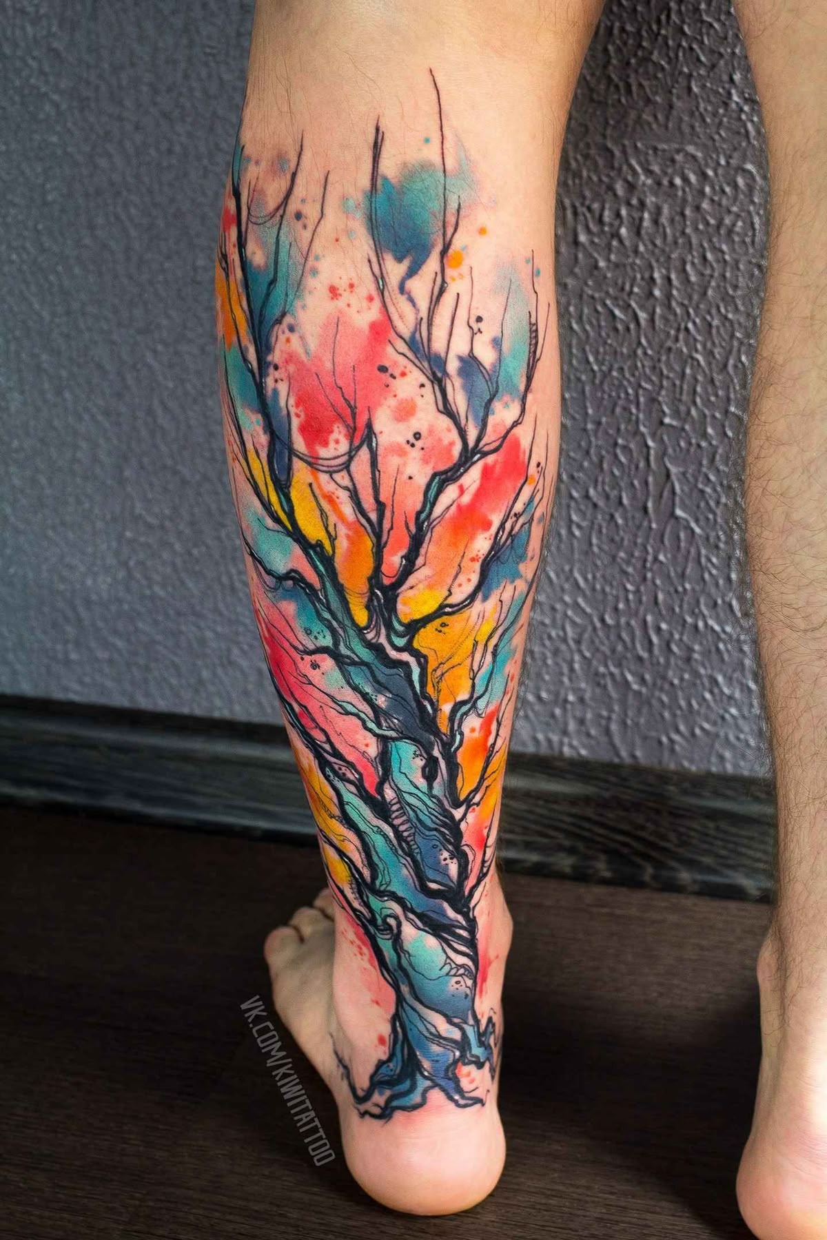 Watercolor Tree Calf Splash Design Tattoo Design