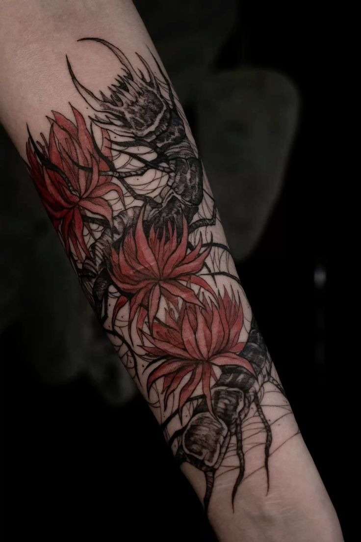 Crimson Blossoms and Crawlers Tattoo Design