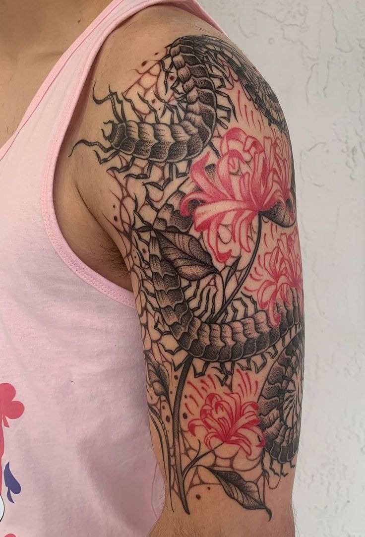 Floral and Fanged Half Sleeve Tattoo Design