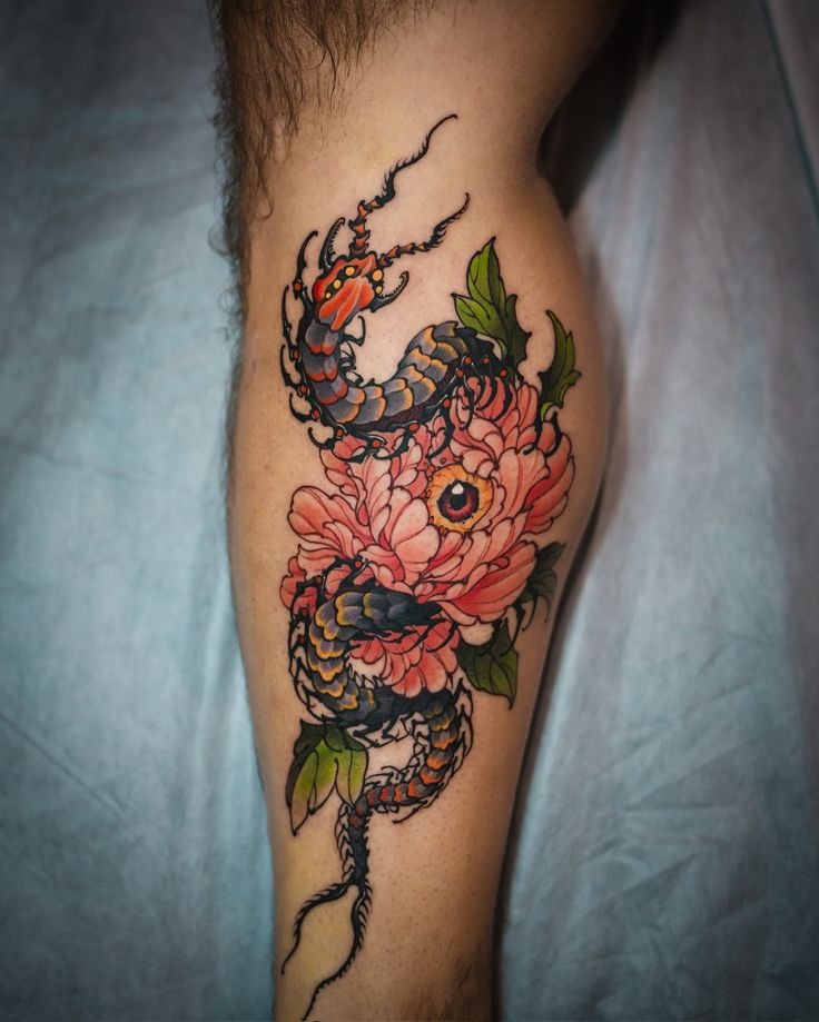 Japanese Floral Beast Tattoo Design