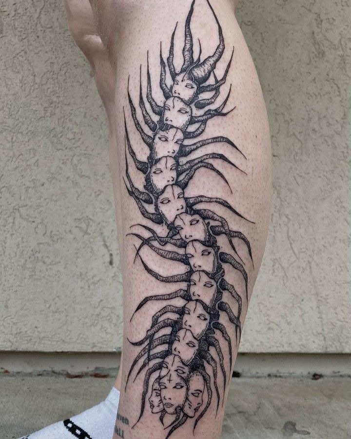 Surreal Femme Faces Centipede Tattoo Design