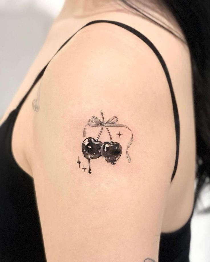Black Heart Drip Cherries Tattoo Design