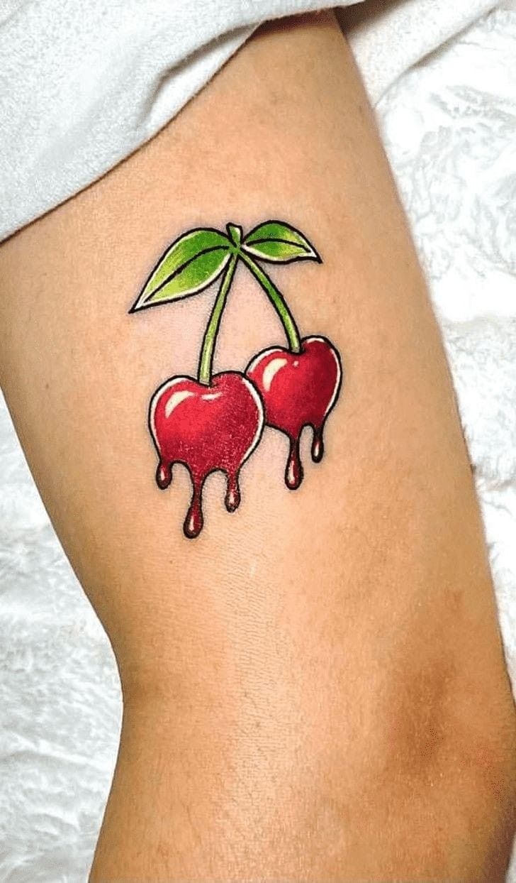 Dripping Red Heart Cherries Tattoo Design