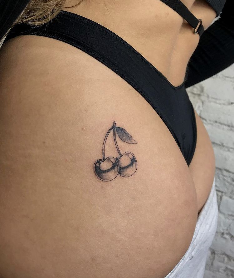 Fine Line Cherry on the Hip Tattoo Design