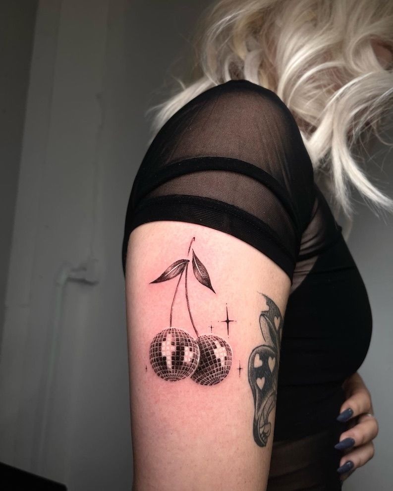Monochrome Disco Cherry Glam Tattoo Design