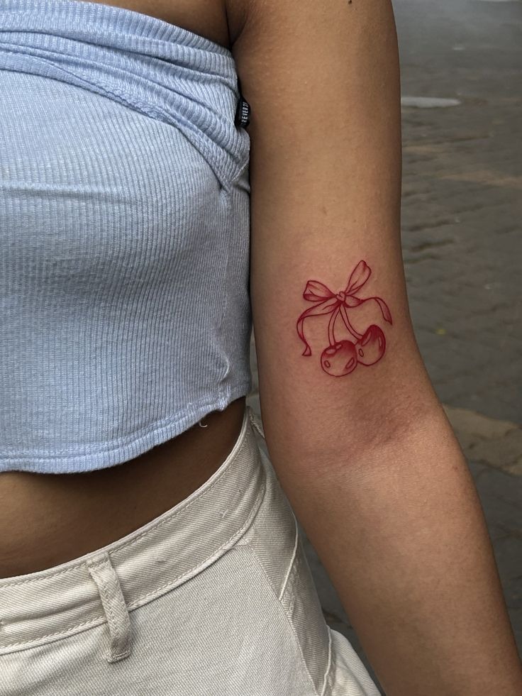 Red Bow Line Art Cherries Tattoo Design