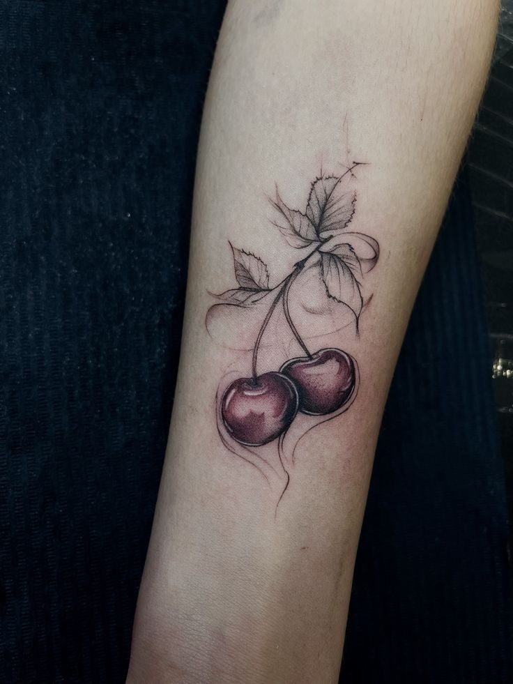 Soft Shaded Botanical Cherries Tattoo Design