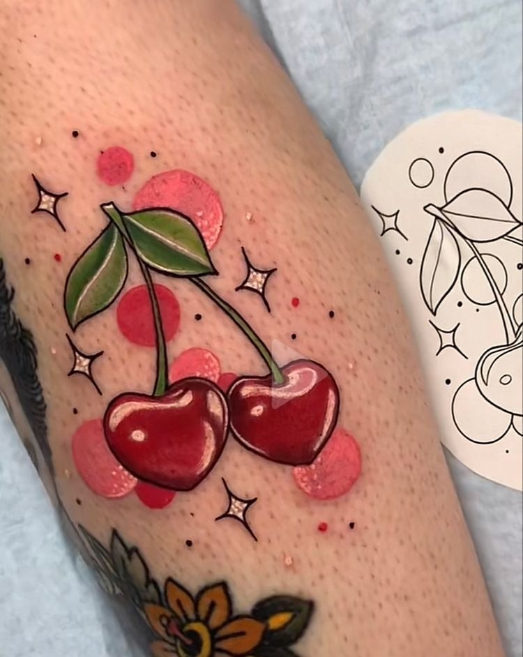 Sparkle Red Cherry Cluster Tattoo Design