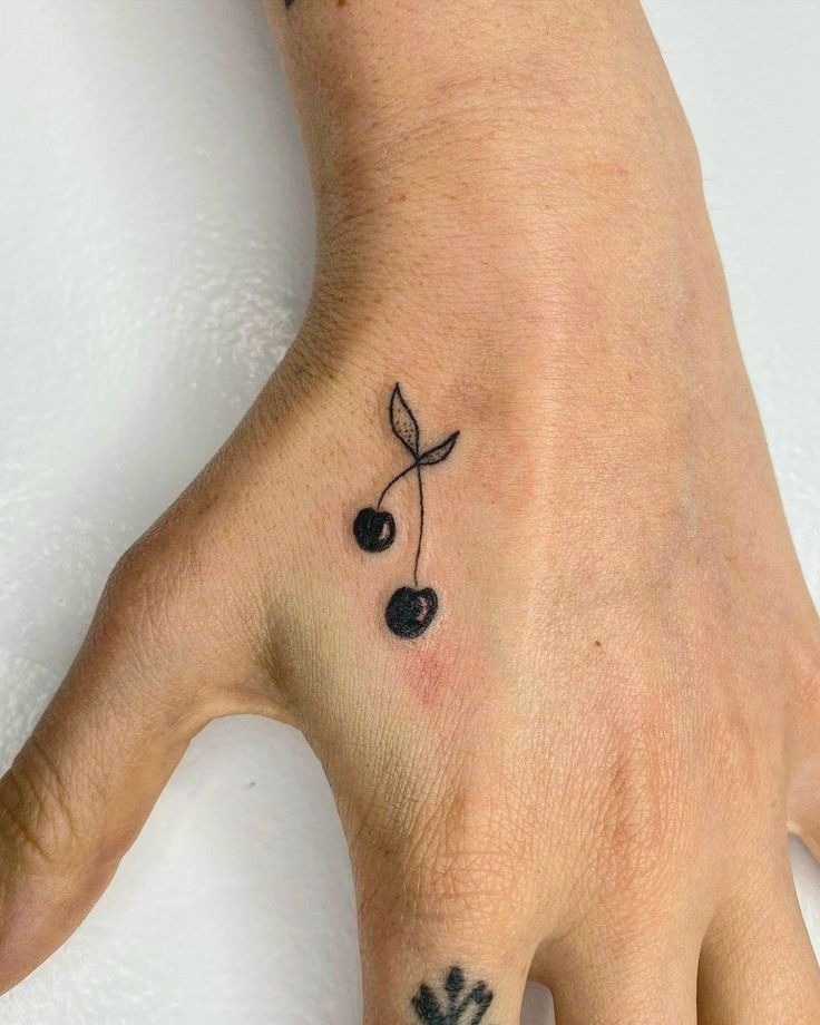 Tiny Hand Cherry Outline Tattoo Design