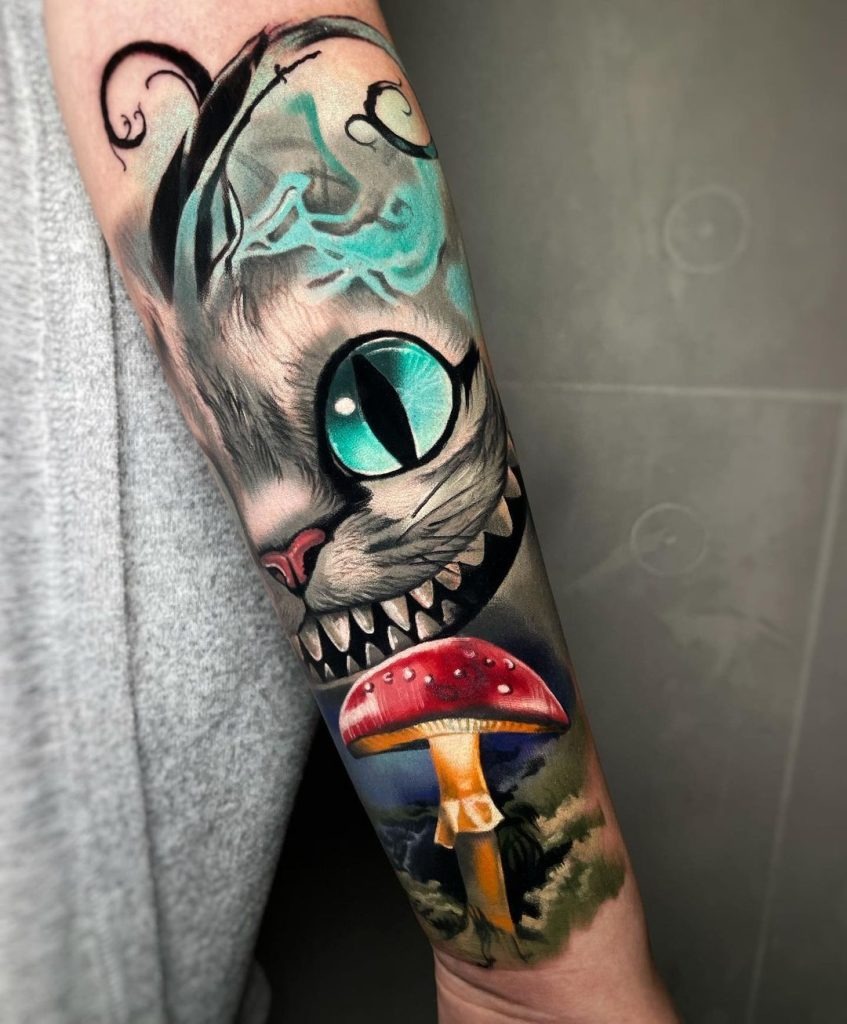 This tattoo takes a more realistic approach to the Cheshire Cat, focusing on the intricate details of the cat's fur, eyes, and sharp grin.