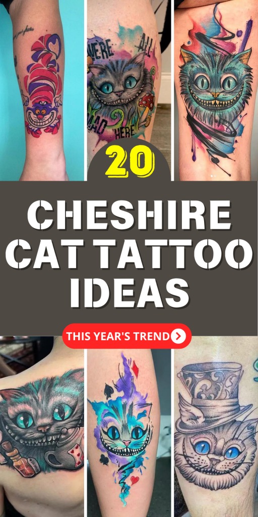 This tattoo merges watercolor techniques with bold outlines, featuring the Cheshire Cat wearing a top hat and holding a cracked pocket watch.