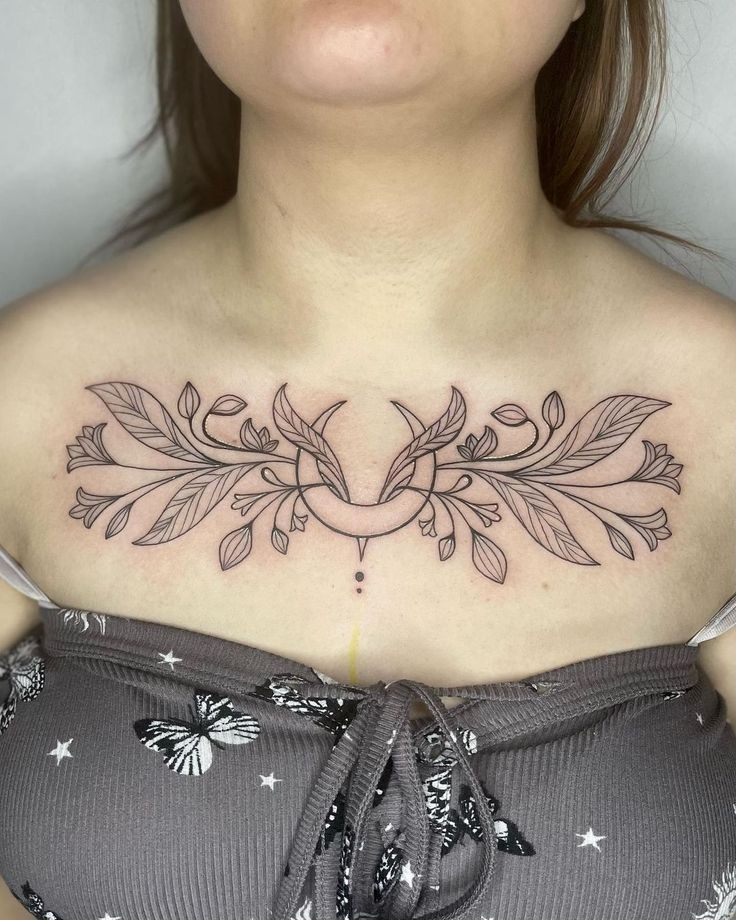 Botanical Crescent Chest Tattoo Tattoo Design