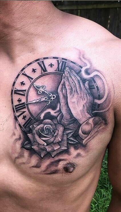 Clock, Rose, and Praying Hands Chest Tattoo Tattoo Design