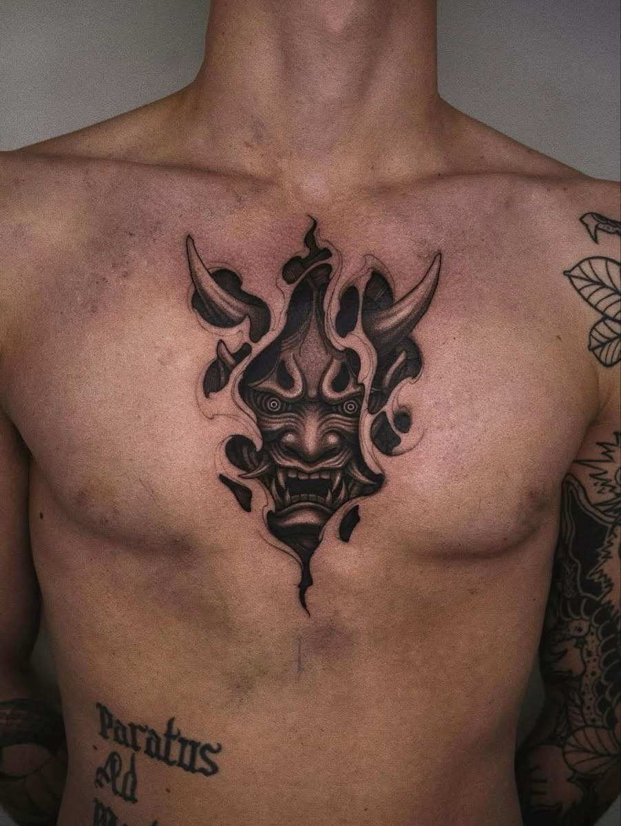 Dark Mask Center Chest Tattoo Tattoo Design