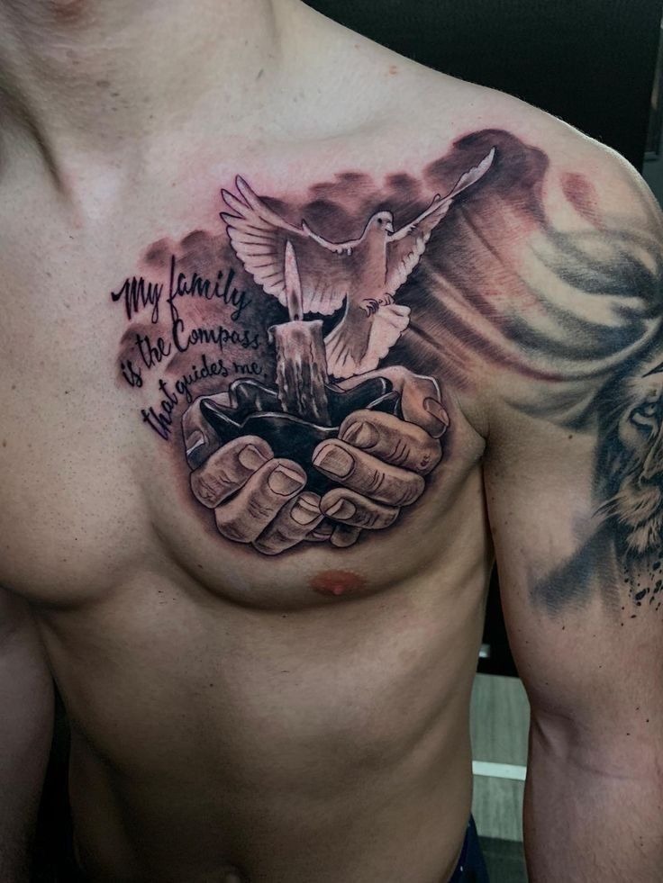 Family Compass and Dove Chest Tattoo Tattoo Design