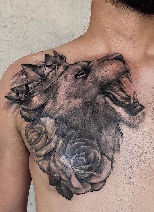 Roaring Lion and Roses Chest Tattoo Tattoo Design