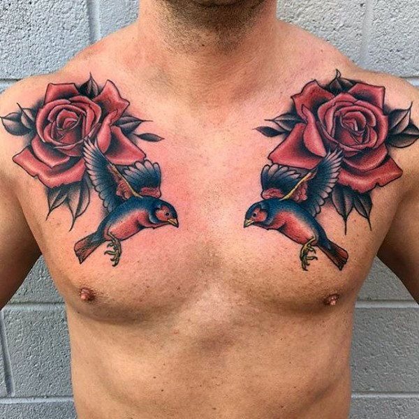 Roses and Swallows Chest Tattoo Tattoo Design