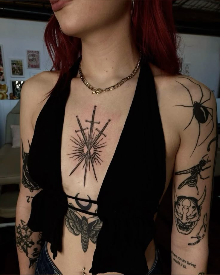 Triple Sword Sternum Chest Tattoo Tattoo Design