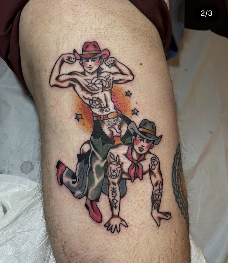 Colorful Traditional Cowboy Duo Tattoo Design