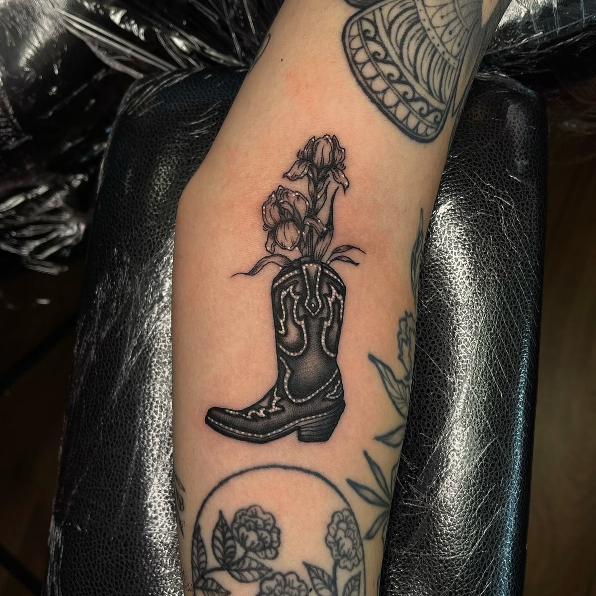 Cowboy Boot With Flowers Tattoo Design