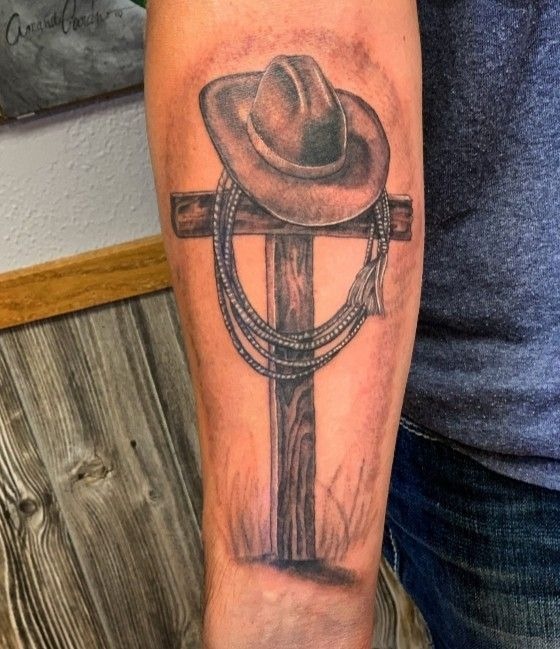 Cowboy Hat Memorial Cross Tattoo Design