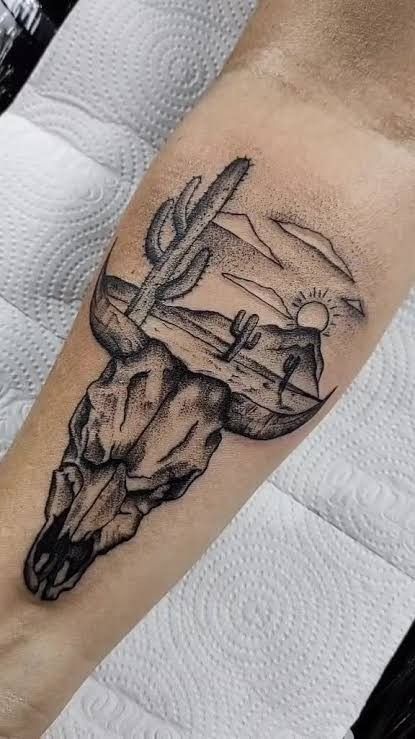Desert Skull With Cactus Tattoo Design