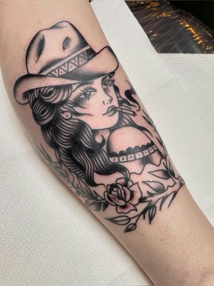 High-Contrast Gunman on Horse Tattoo Design