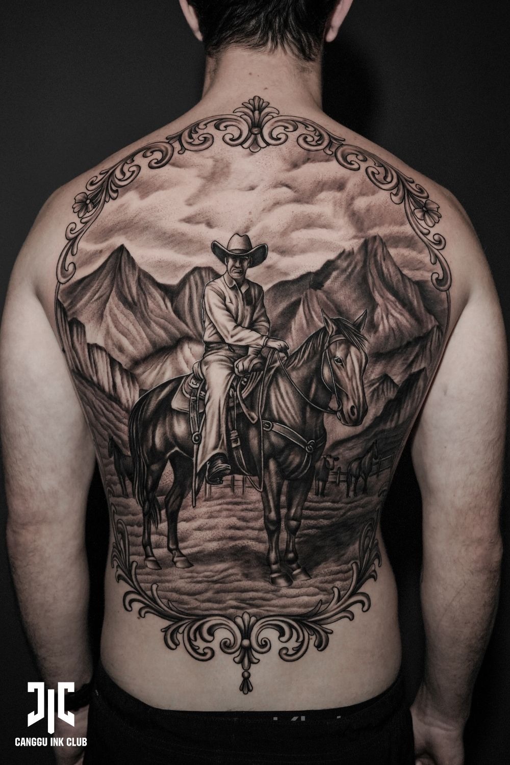 Ornate Full-Back Western Scene Tattoo Design