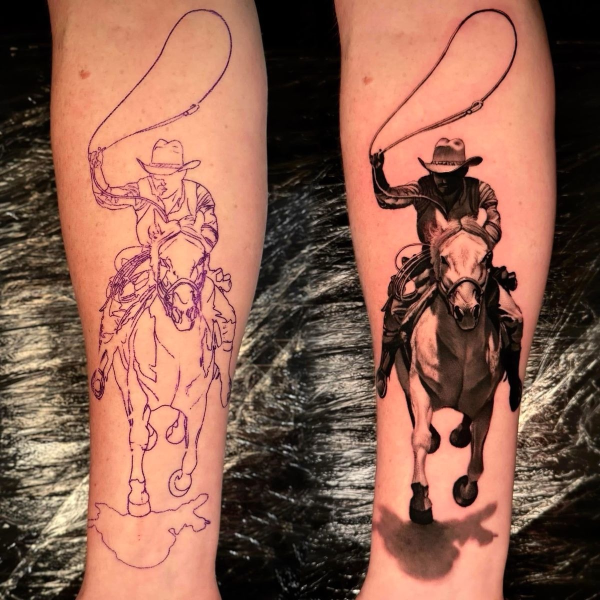 Stencil-to-Finished Rodeo Rider Tattoo Design