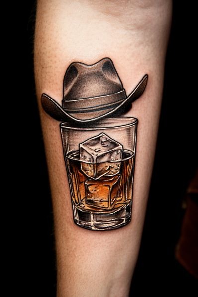 Whiskey Glass With Cowboy Hat Tattoo Design