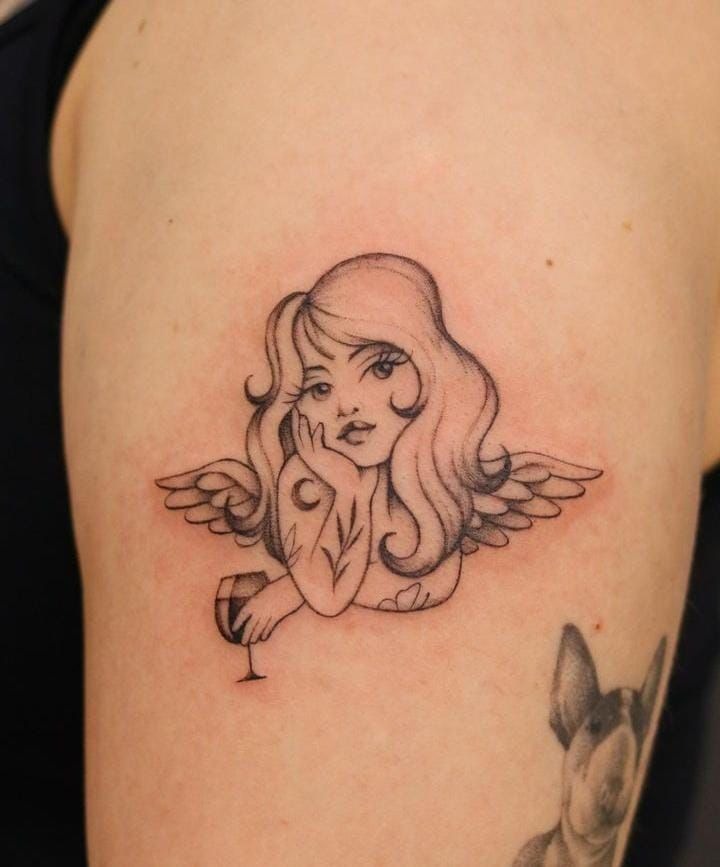 Flirty Angel with Wine Glass Tattoo Design
