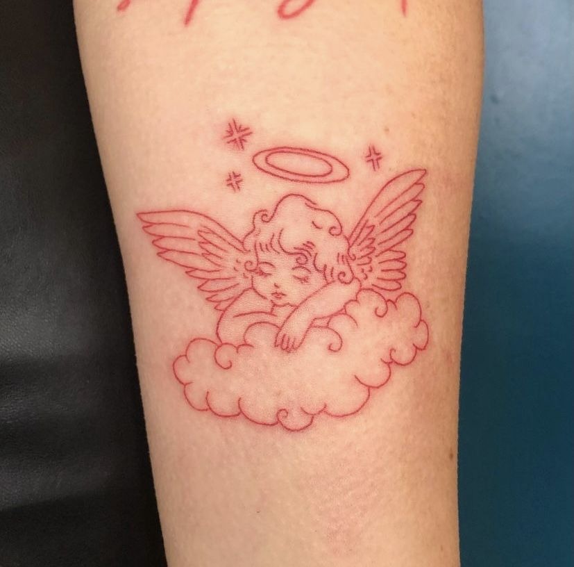 Red Fine Line Sleeping Cherub Tattoo Design