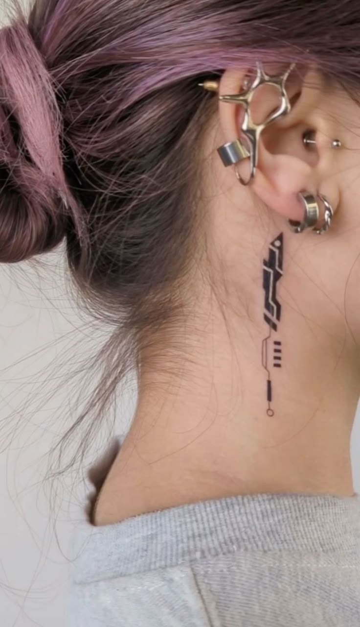Digital Linework Behind the Ear Tattoo Design