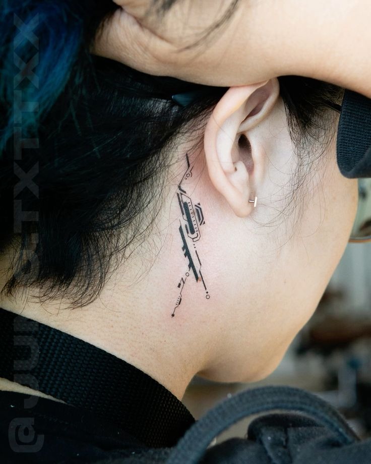 Minimalist Circuit Tattoo Behind the Ear Tattoo Design