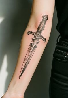 Clean Fine-Line Forearm Dagger Tattoo Design