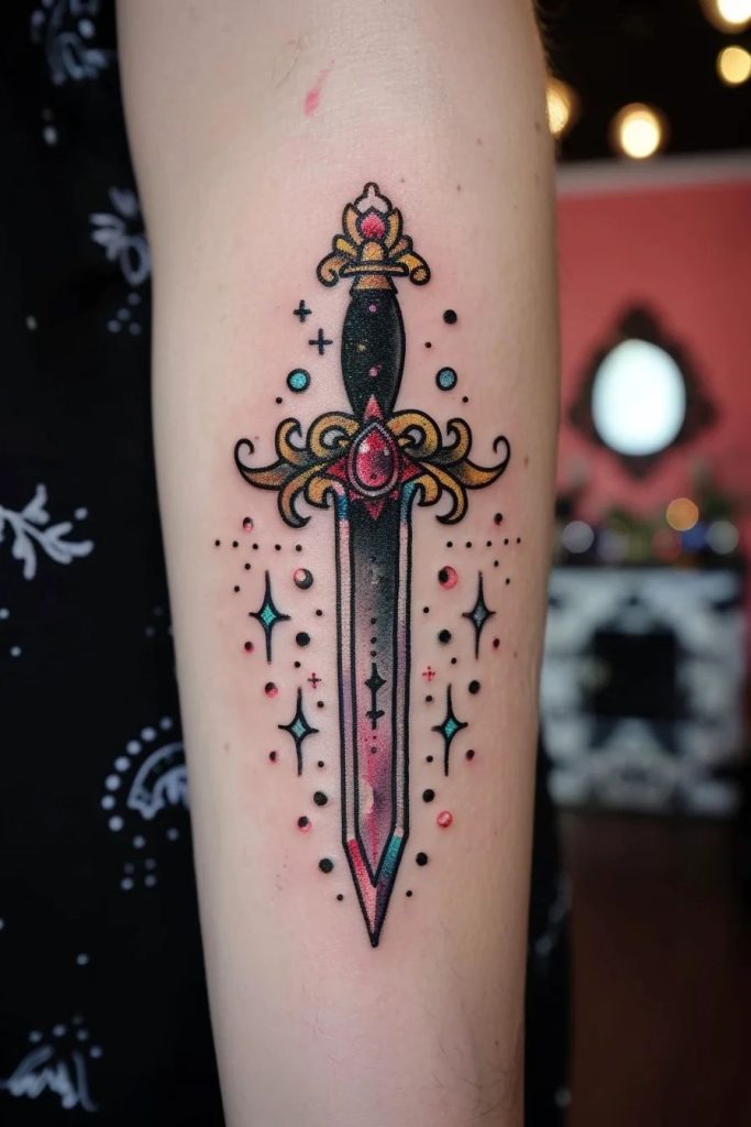 Colorful Jewel Dagger Tattoo Tattoo Design