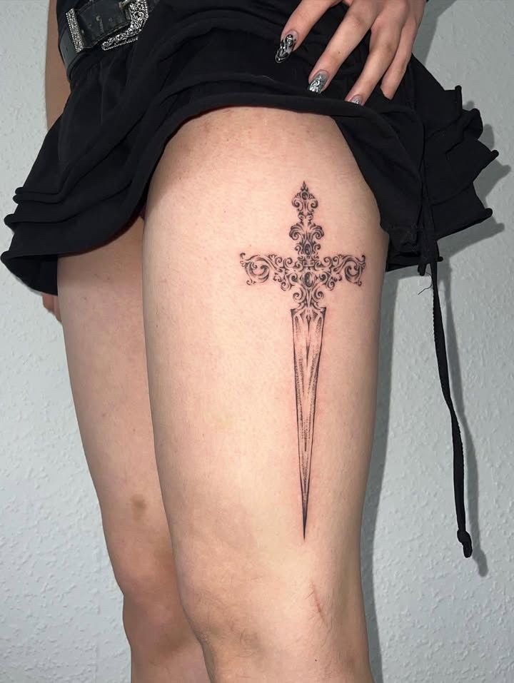 Ornamental Thigh Dagger Tattoo Tattoo Design