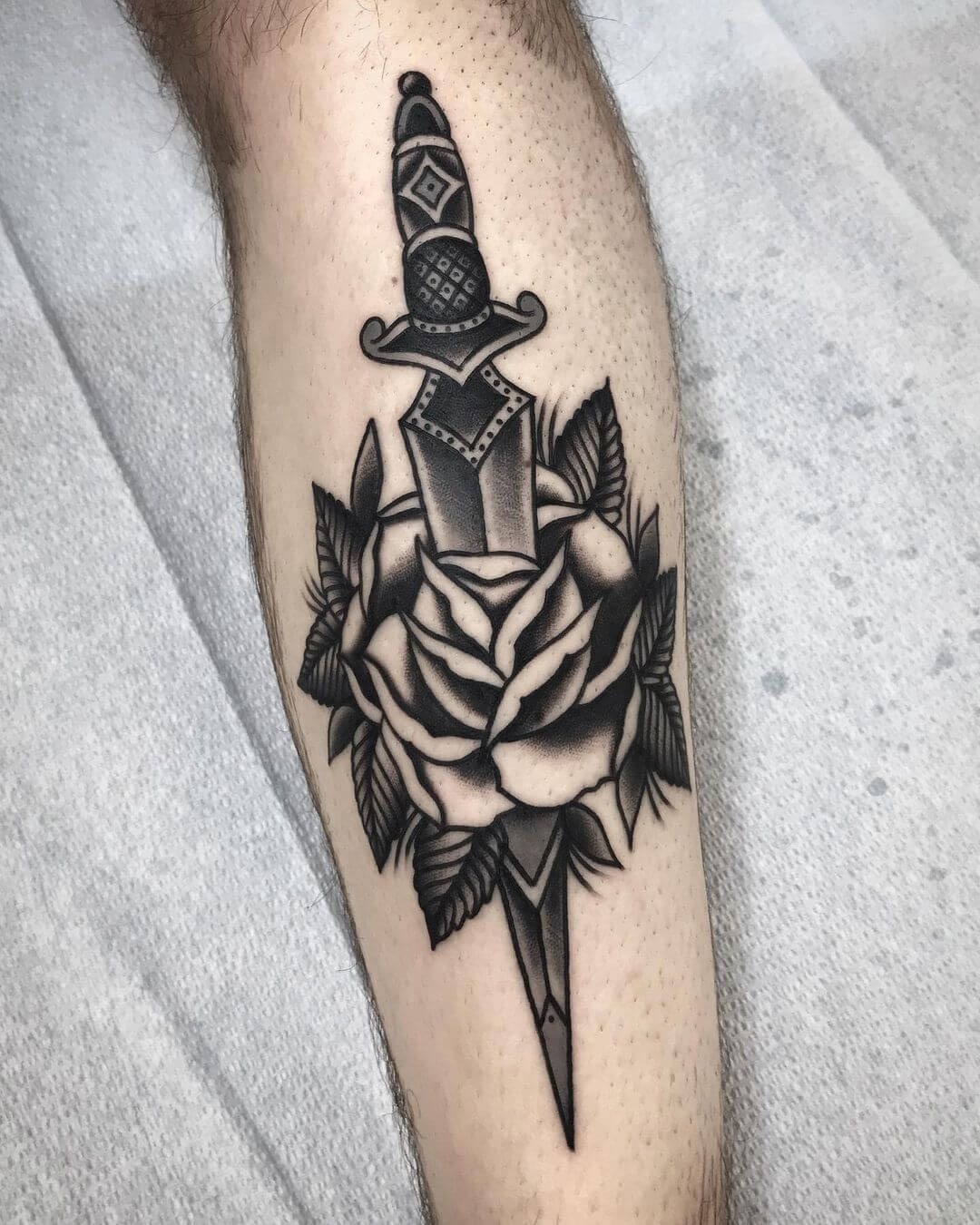 Rose and Dagger Blackwork Tattoo Tattoo Design