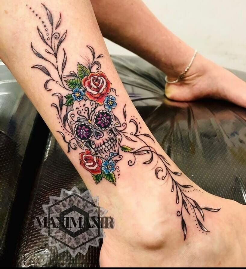 Ankle Sugar Skull With Floral Vine Swirl Tattoo Design