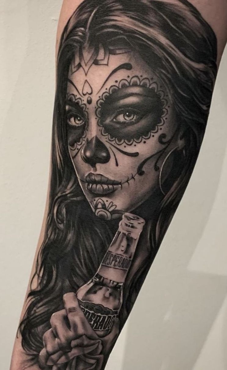 Black-and-Grey Catrina Portrait with Bottle Tattoo Design